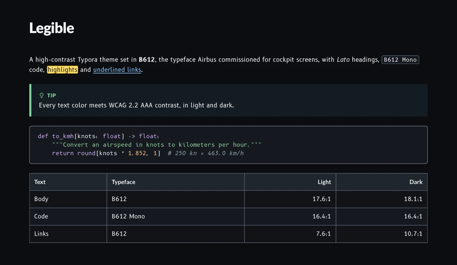 The same page in Legible Dark