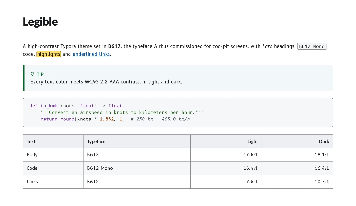 Legible: a heading, a tip, a Python code block and a table of contrast ratios
